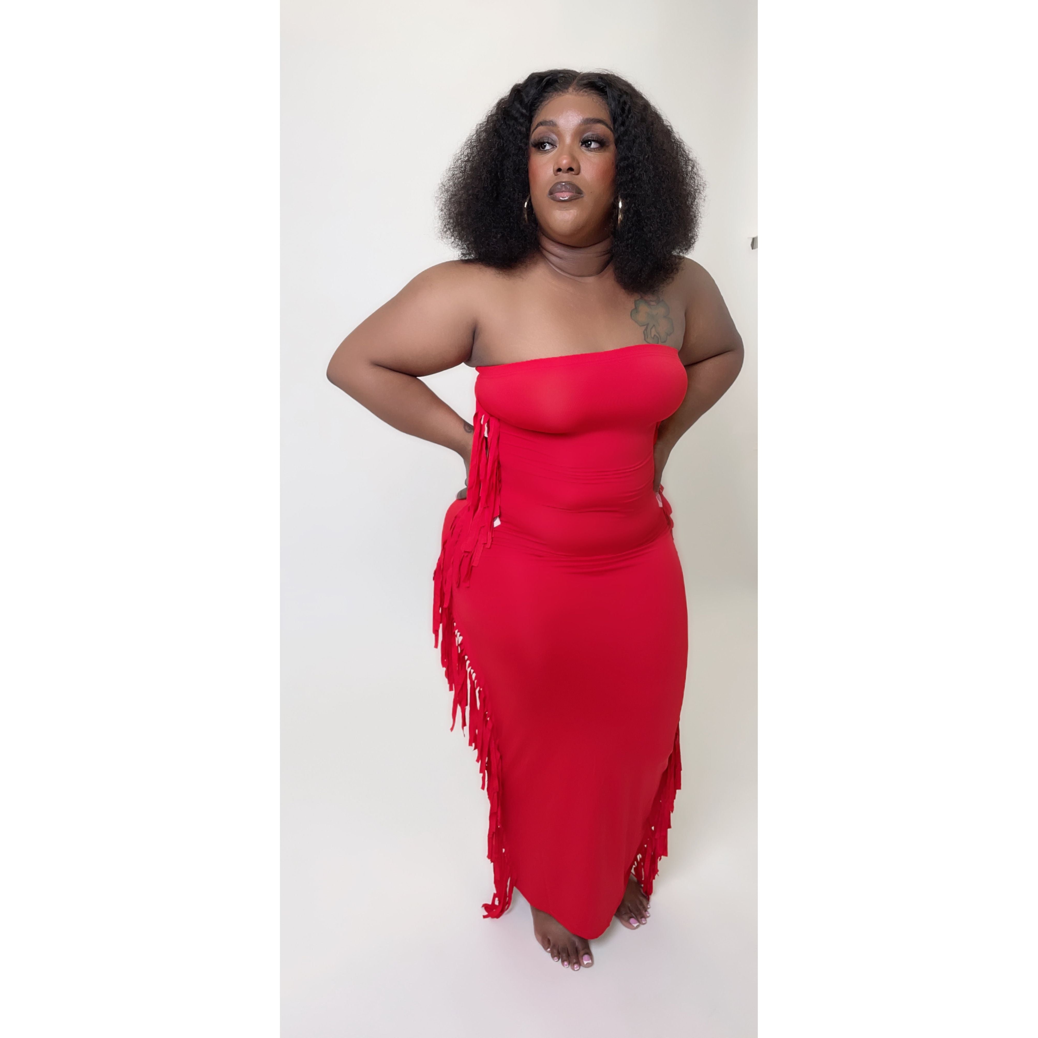 red fringe cocktail dress PQ Swim Passion Vanessa Strapless Fringe Dress M/L / Red